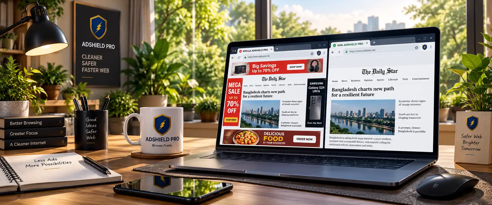 AdShield Pro clearing ads from a news website in a bright workspace